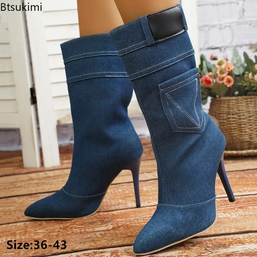 

2024Women's Mid Calf Chelsea Boots Sexy Thin High Heels Knight Boots Women Trend Denim Cowboy Pointed Toe Shoes Punk Boots Botas