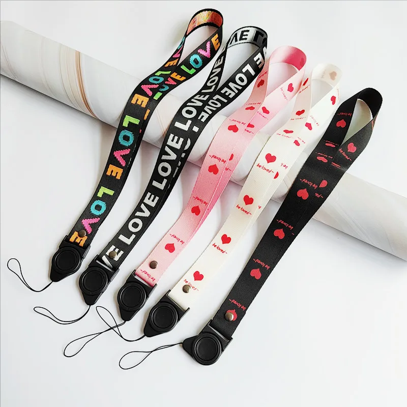 

100pcs Fashion Love Print Neck Hanging Tags Strap Mobile Phone Lanyard Card Keychain Phone Straps Lanyards