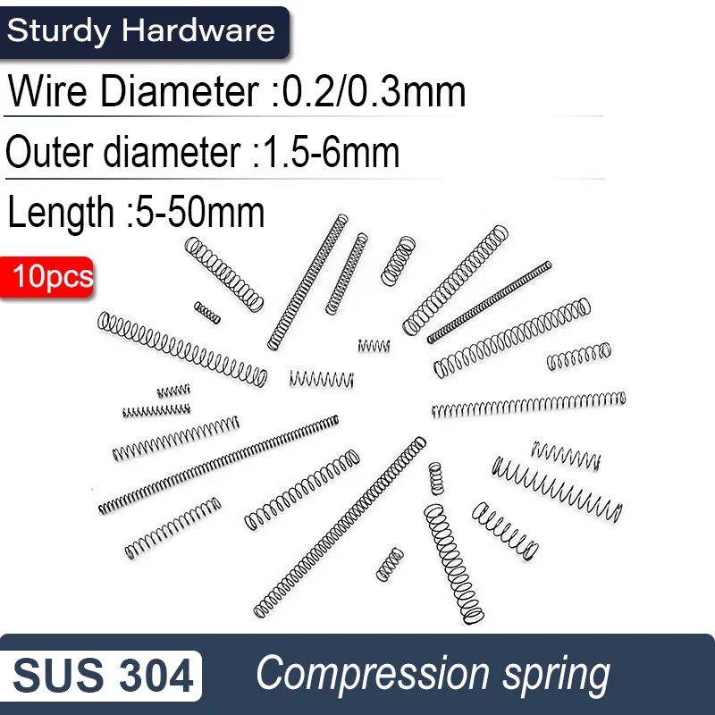 10Pcs Compression Spring, Return Spring, 304 Stainless Steel Wire Diameter0.2~0.3mm Outside Diameter1.5~6mm