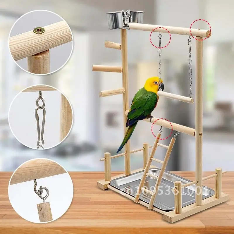 Parrot Playstands With Cup 36*23*51cm Tray Bird Swing Climbing Toys Bridge Wood Cockatiel Ladder Playground Perches Bird Hanging