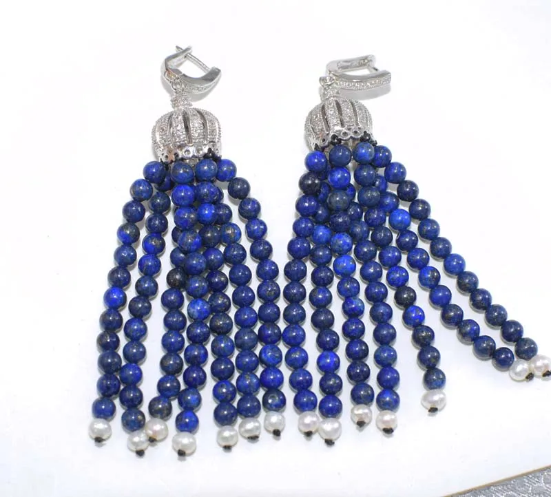 

one pair lapis lazuli round 3mm and freshwater pearl white rice drop earrings hook wholesale beads