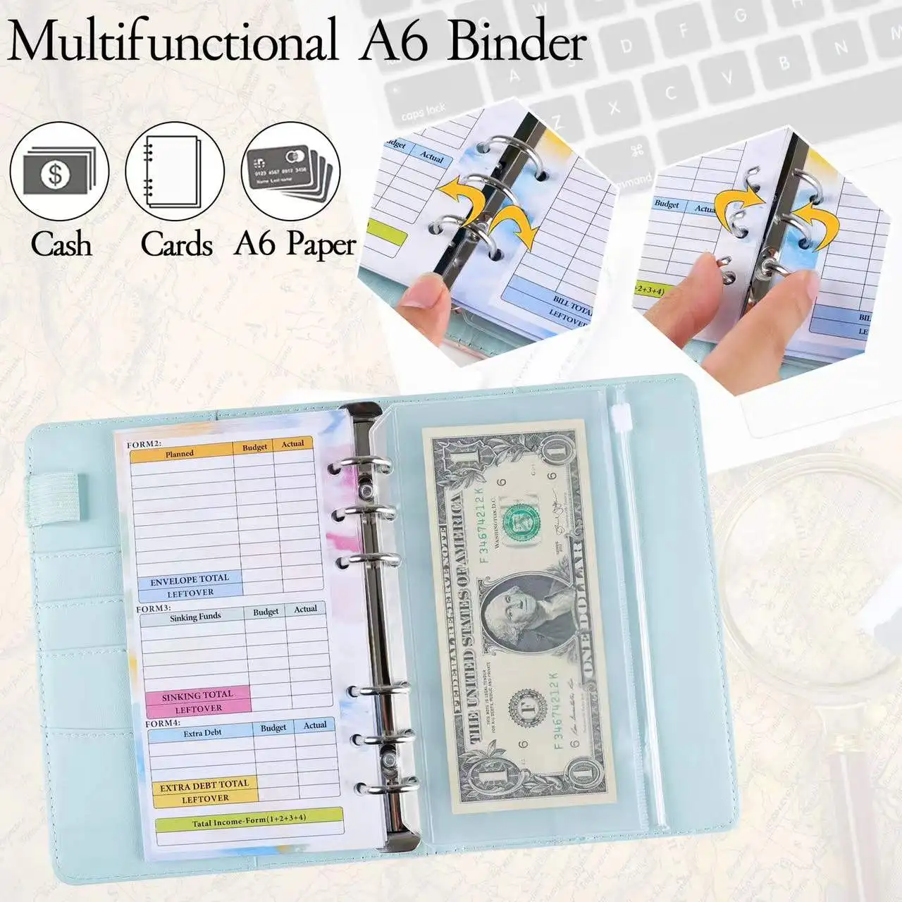 A6 Budget Binder Refillable 6 Ring Notebook Personal Planner Cover for A6 Refill Paper, Money Saving for Cash Envelopes System