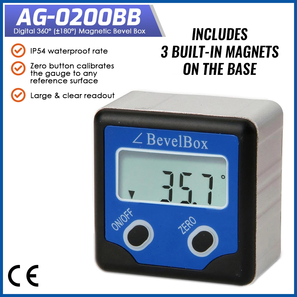 

Digital 360° (±180°) Bevel Box / Inclinometer with Magnets Protractor Angle Finder 0.1° Accuracy IP54 Rate