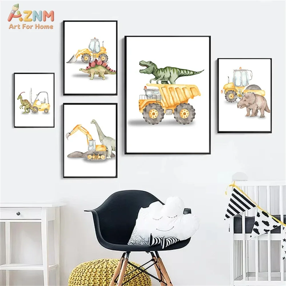 AZNM Dinosaur Construction Truck Canvas Wall Art Excavator Bulldozer Watercolor Print Kids Boys Nursery Bedroom Decor Unframed C