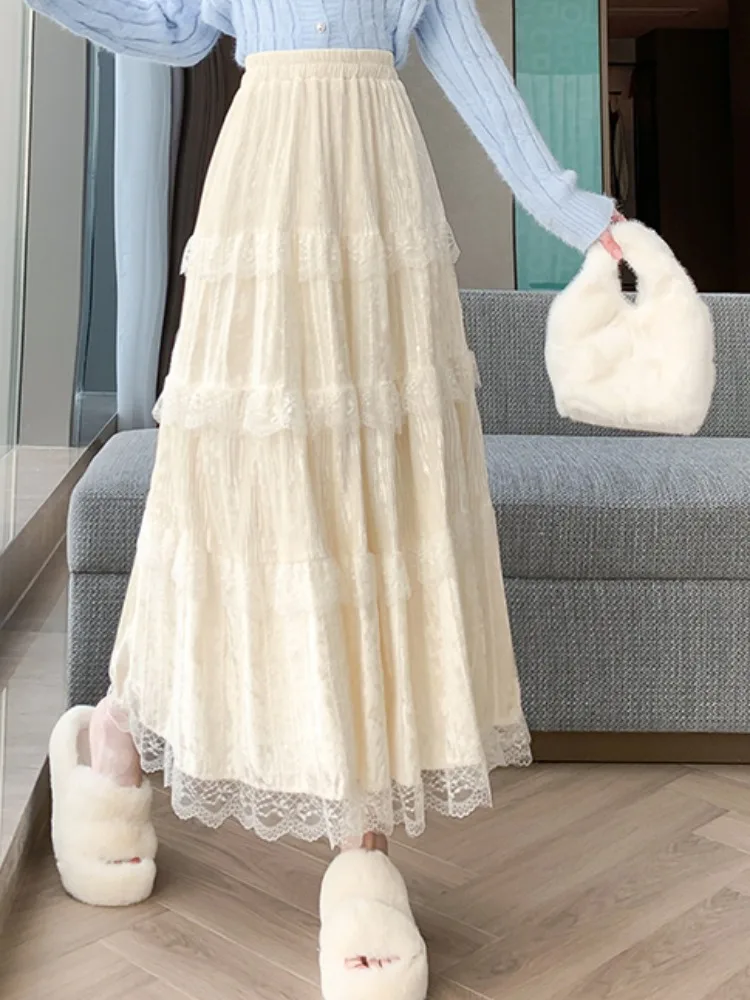 Süßer Spitzen-Splicing Cake Sle Fce-gefütterter Thi-A-Linien-Maxirock mit hoher Taille für Damen, lässige koreanische Version, nicht sinkbar