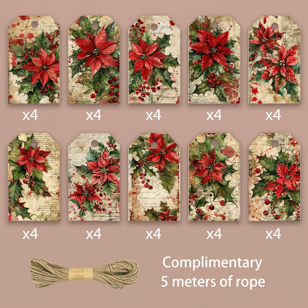 40pcs, Gift Tags, Vintage Poinsettia Christmas, Hanging Paper Labels for Gift Wrapping, Holiday Party Decor with String