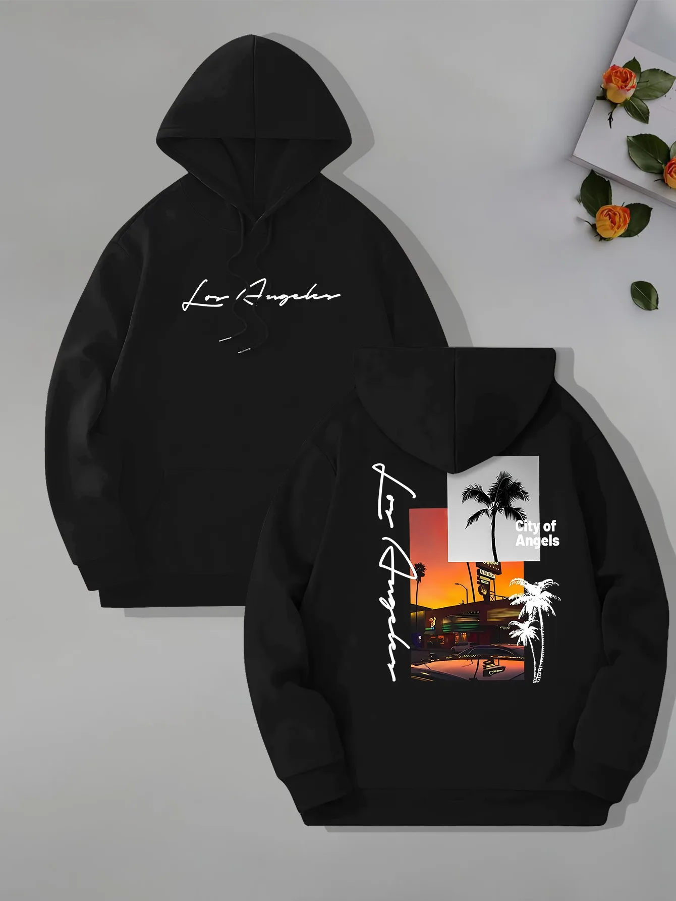

City of Angels Hoodie Los Angeles Sunset Graphic Streetwear Pullover Palm Tree Vintage Neon Urban Aesthetic Hooded Sweatshirt