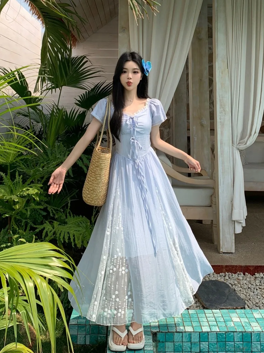 

Новое модное летнее платье больших размеров для женщин: кружевное, с узлом, коротким рукавом, А-силуэт, с завышенной талией, для города и повседневной носки