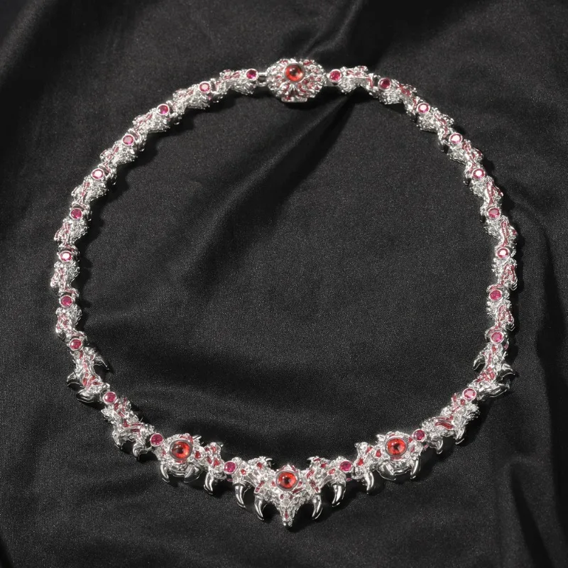 Thorn Red Eyed Diamonds Necklace Gothic Red Gemstone Teeth Chain Necklace Punk Silver Spike Skeleton Link Choker Rock Jewelry
