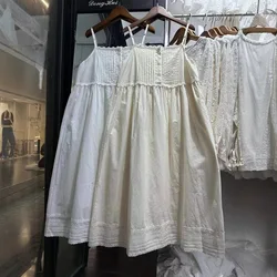 2026 Japan style mori girl summer sweet cotton embroider solid dress women spaghetti strap robe white beige petticoat dress