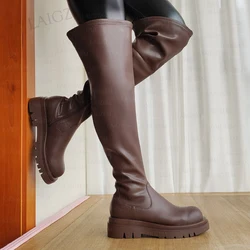 LAIGZEM Women Over Knee Boots Real Leather+ Elastic Synthetic Side Zip Comfortable Boots Handmade Shoes Woman Big Size 33 42 43