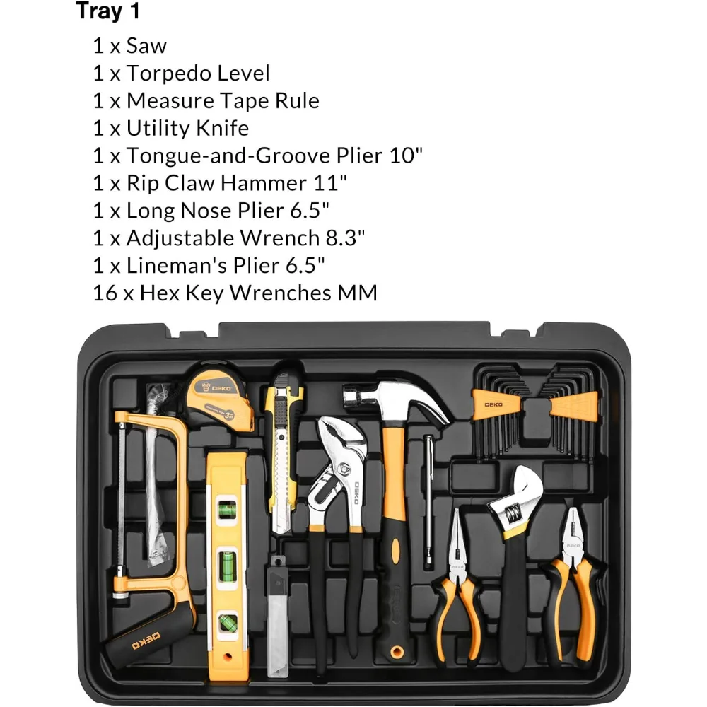 DEKOPRO 258 Piece Tool Kit with Rolling Tool Box Socket Wrench Hand Tool Set Mechanic Case Trolley Portable