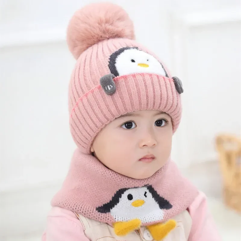 Cartoon Animal Kint Pom Pom Hat Scarf Child Cotton Inner Beanies Hat And Ring Scarves Kids Girl Boy 2020 Winter Warm Cap 1-3T