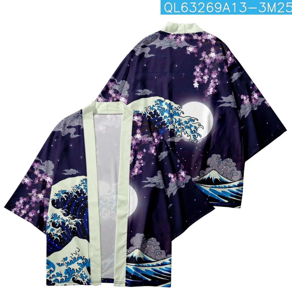 

Japanese Ukiyo-e Waves Print Cardigan Kimono Beach Women Men Cosplay Haori Yukata Traditional Asian Shirts Clothing 2023