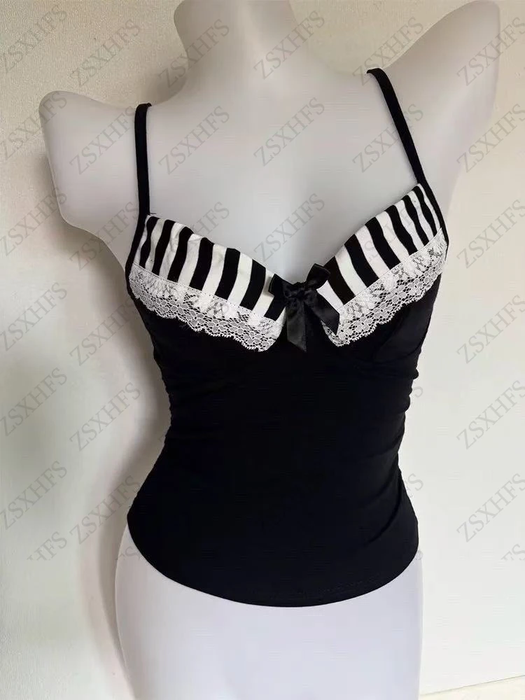 Aesthetic Sling 2000s Y2k Crop Tops Women Clothes Piano Punk Sexy Summer Casua Lace Corset Harajuku Kawaii Tee Sweet Girl Camis