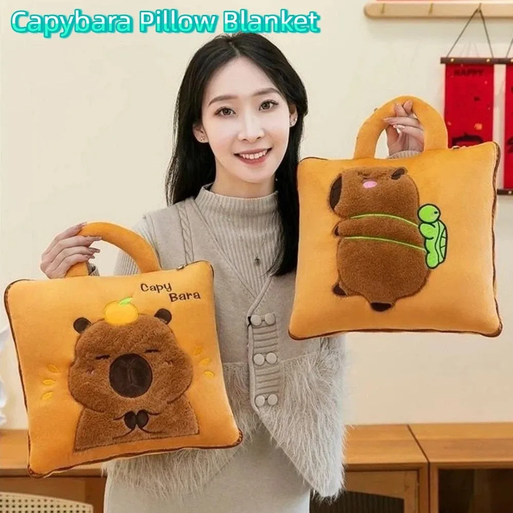

Portable 2 in 1 Capybara Pillow Blanket Plush Cartoon Travel Blanket Cozy Soft Foldable Pillow Blanket Sofa Back Cushion