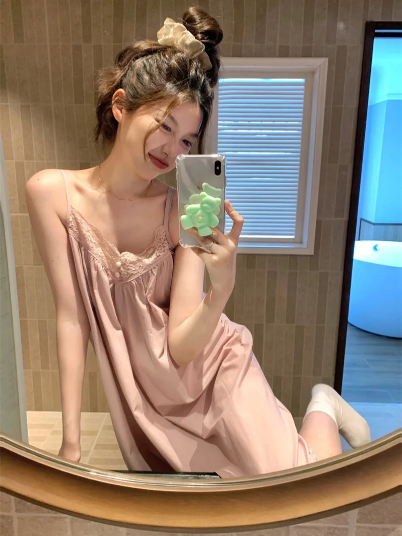 

Kumikumi Lace Splice Casual Summer Dress Women's Long V-Neck Gown Pink Strap Home Clothes Comfortable Sleepwear
