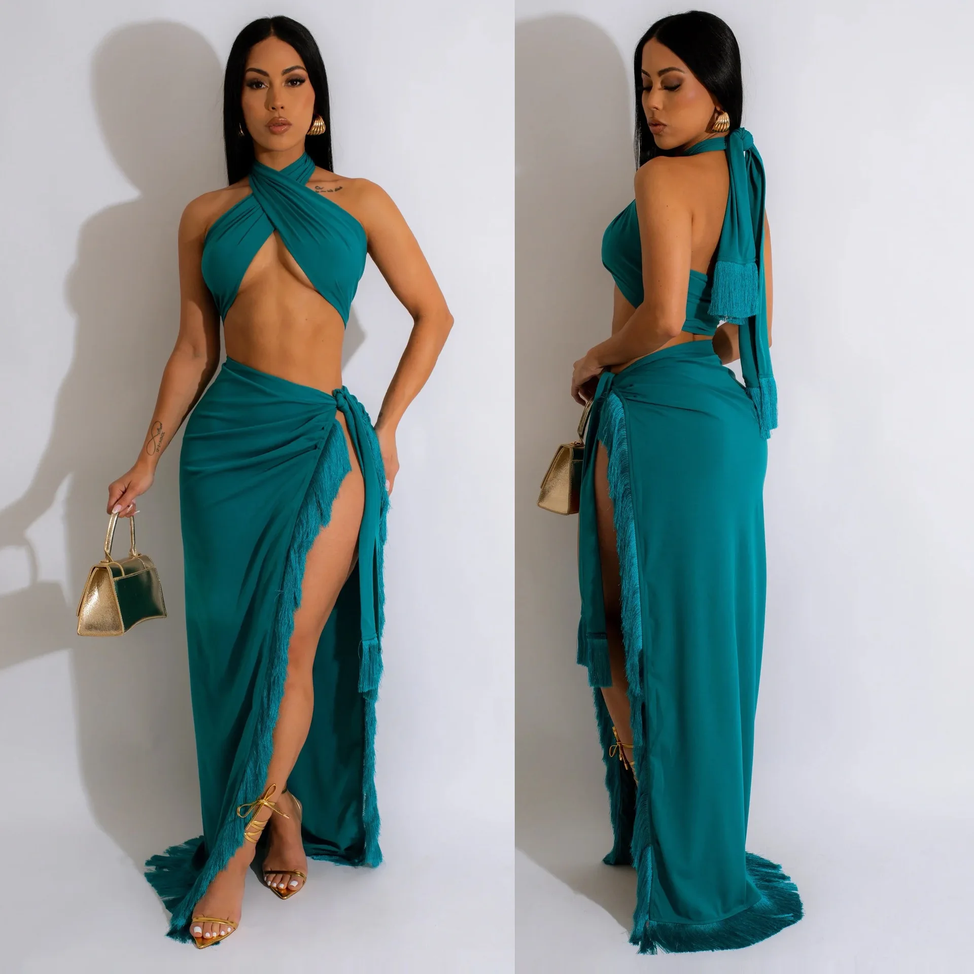 Summer Fringe 2 Piece Skirt Sets Sexy Cropped Tops Outfit 2023 Beach Wear Elegant Luxury Maxi Fringe Dress Sexy Two Piece Set