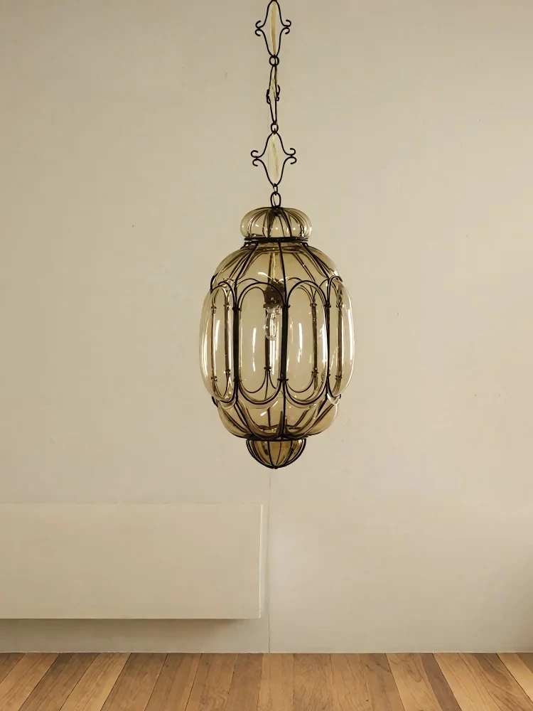 

American Murano Pink Glass Pendant Light Retro Nostalgic Wall Lamp For Bedroom Dining Living Room Indoor Decor Led Chandelier