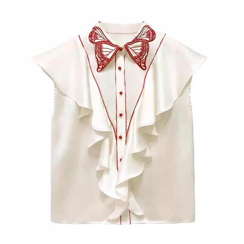 92-100cm Bust Spring Autumn Original Design Women Butterfly Embroidered Sleeveless Shirts/Blouse