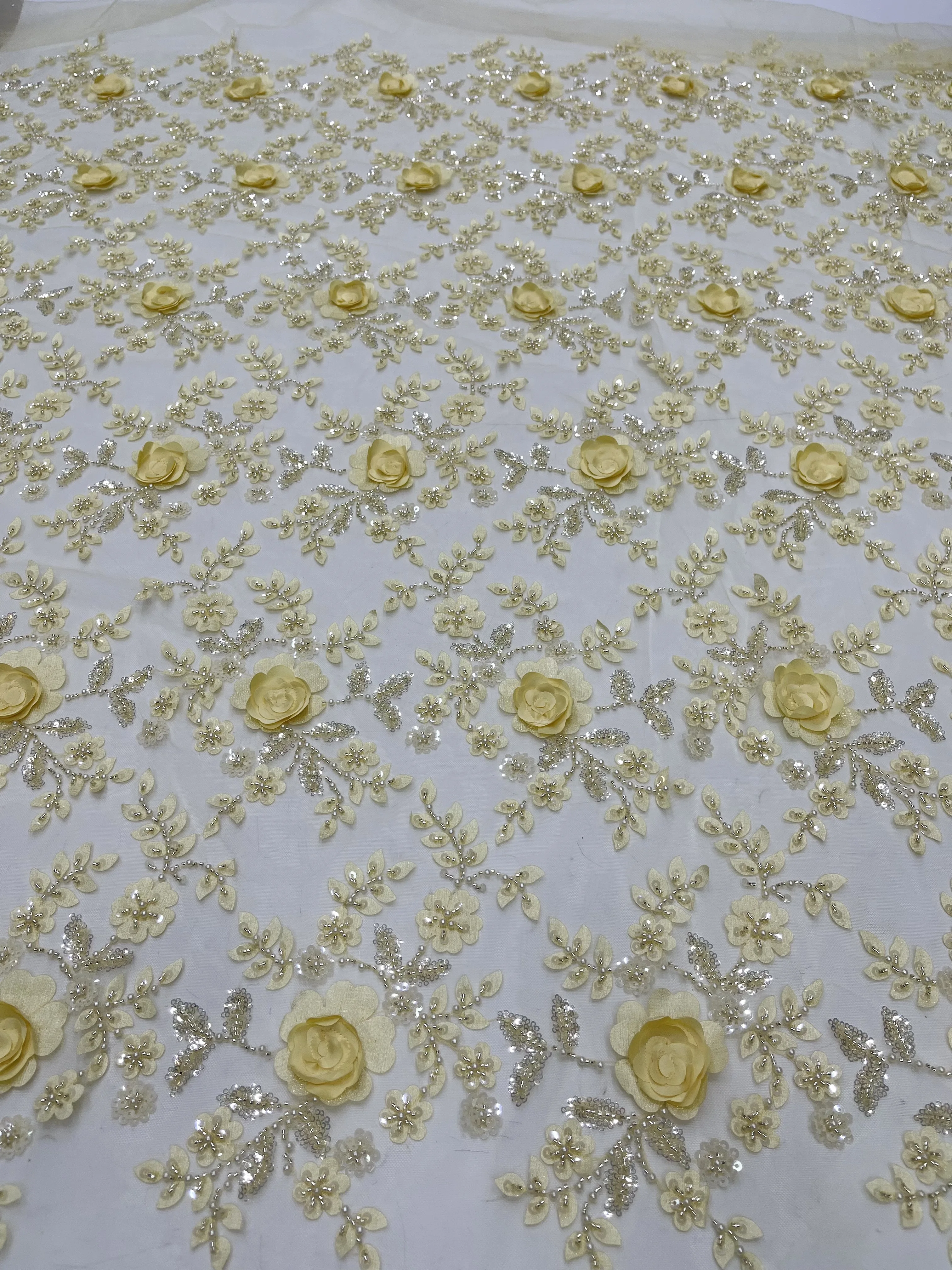 Tissu Africain en Dentelle 3D Jaune de Haute Qualité avec Perles Brodées, Paillettes NigWin Françaises, pour Mariage, 5 Yards, 2023