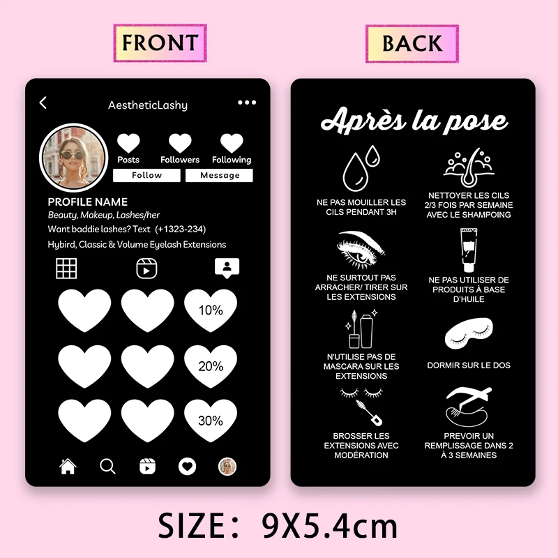 Custom Lash Extensions Loyalty Cards Instruction cards Aftercare Card Design Eyelashes Discount Code Thank you business cards