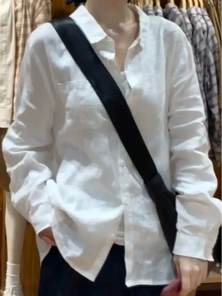 

Women's Neck Pocket Shirt White Linen Spring Summer Layering Commute Sun Protection Outerwear Loose Fit Long Sleeve