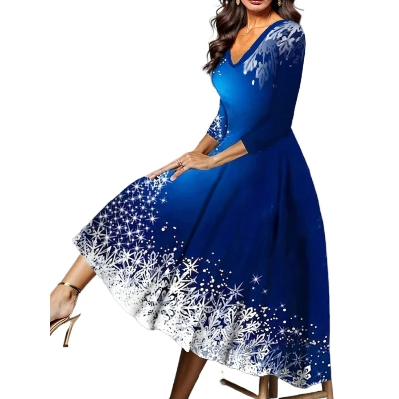 Damenmode Vintage Elegantes Langes Herbst-Weihnachtsfeierkleid mit Weihnachtsdruck V-Ausschnitt Lange Ärmel Big Swing Maxikleid