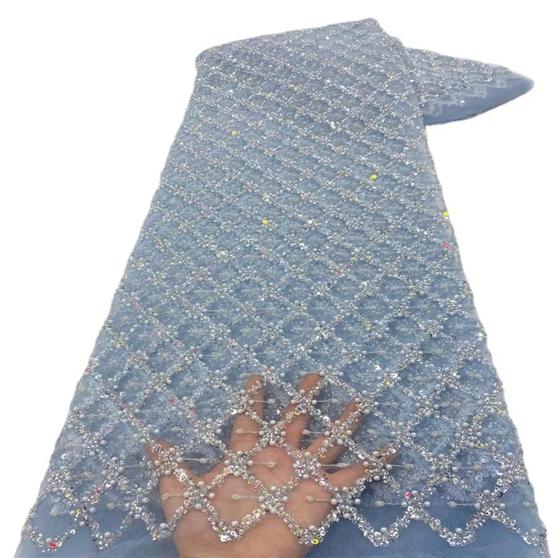 Tela de malla bordada de tubo con cuentas de flores de diamante, lentejuelas en polvo, Material de vestido de fiesta de noche, 7 colores