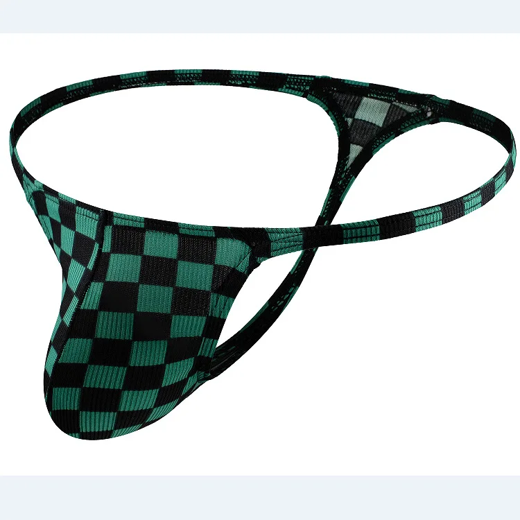 Men Checkered Slim Hem Thongs for Young People Comfortable Breathable T Back G String Panties Sissy U Convex Pouch Tangas Hombre