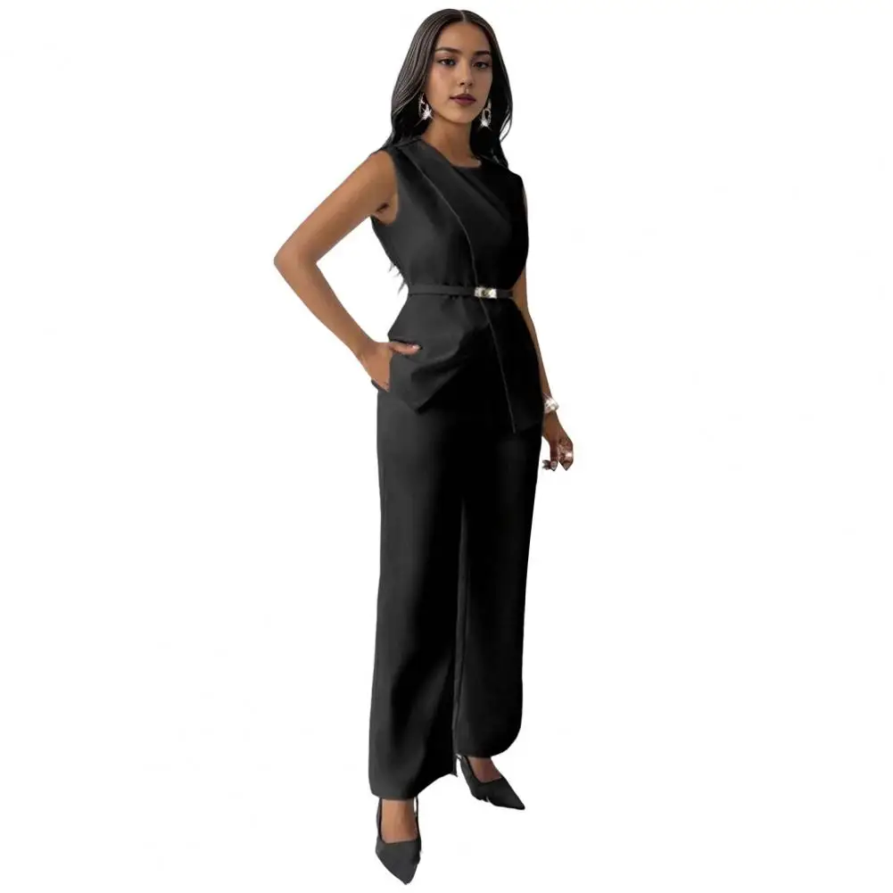 2025 Elegant Sleeveless Women Blazer Vest Suits V Neck Office Tanks Female Crop Top Wide Pants Sets OL