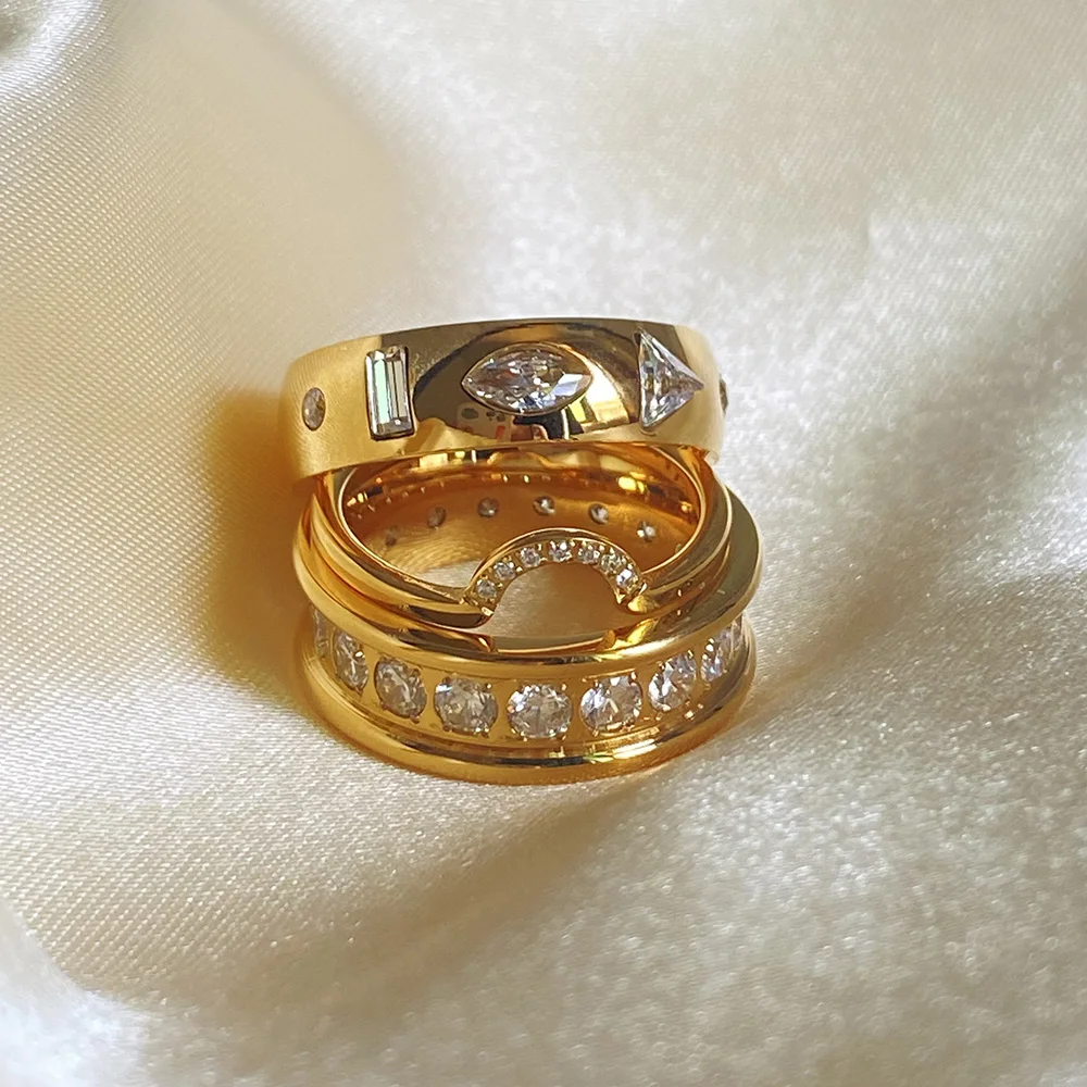 New ins 18k Gold Stainless Steel Shaped Zircon Ring For Women Vintage Geometric Zircon Rings Fashion Aesthetic Jewelry Gift