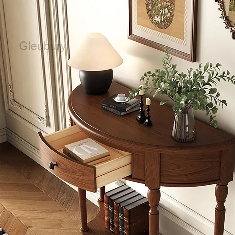 Mesa Consola Tradicional Vintage de Mediados de Siglo, Mesa Consola Rústica y Glamurosa con Almacenamiento, Elegante Mesa Consola con Tiradores Metálicos