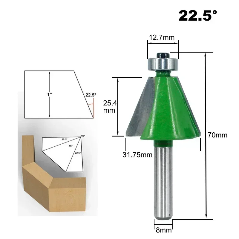 8mm Shank Chamfer Router Bit 22.5 Degree Bevel Edging Milling Cutter for Wood Woodorking Machine Tools
