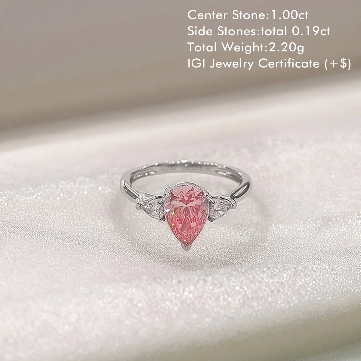 Ready to Ship Three Stones 18K White Gold 1.0ct Pink Pear Shape Lab Diamond Classic Wedding Ring for Women