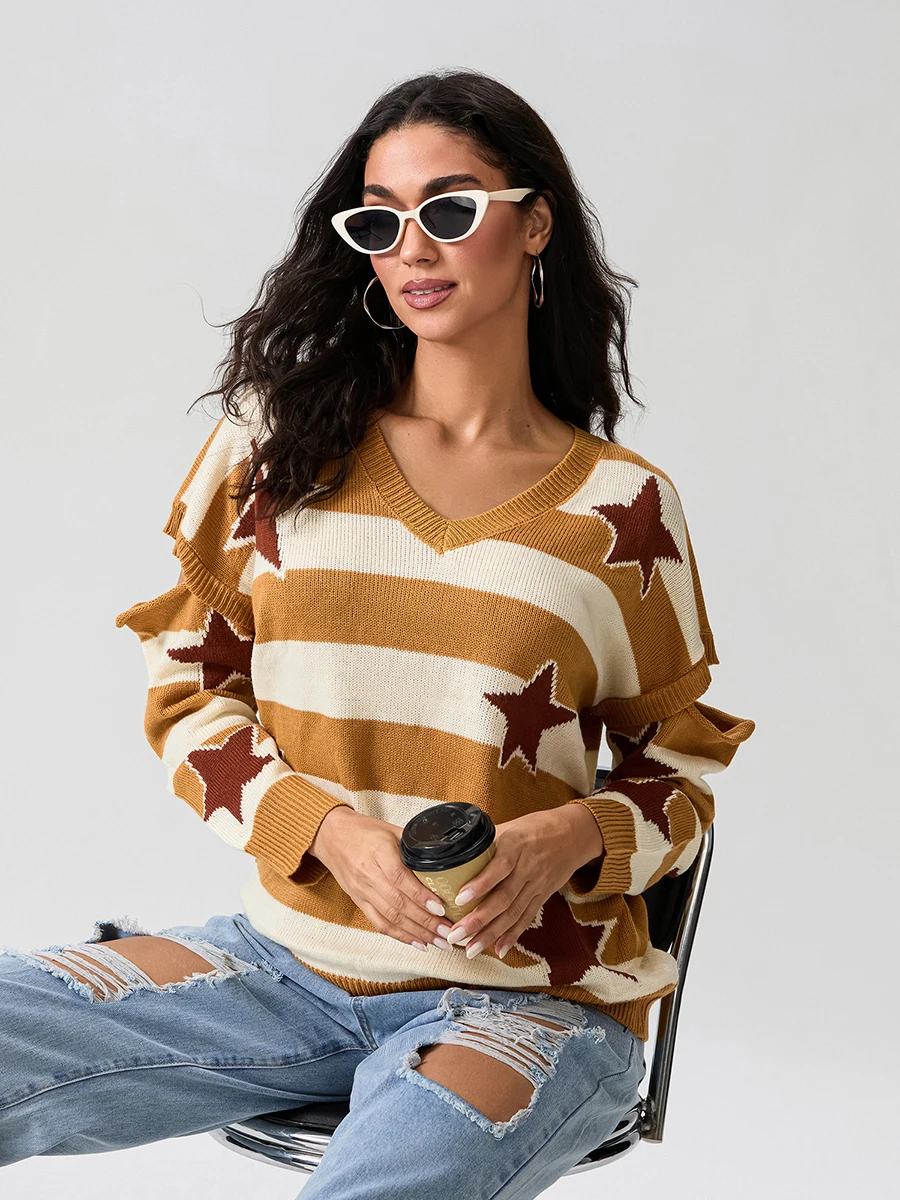 wsevypo Autumn Star Print Loose Knit Sweaters Women's Long Sleeve V Neck Striped Pullover Warm Tops  for Fall Winter Knitwears image 6