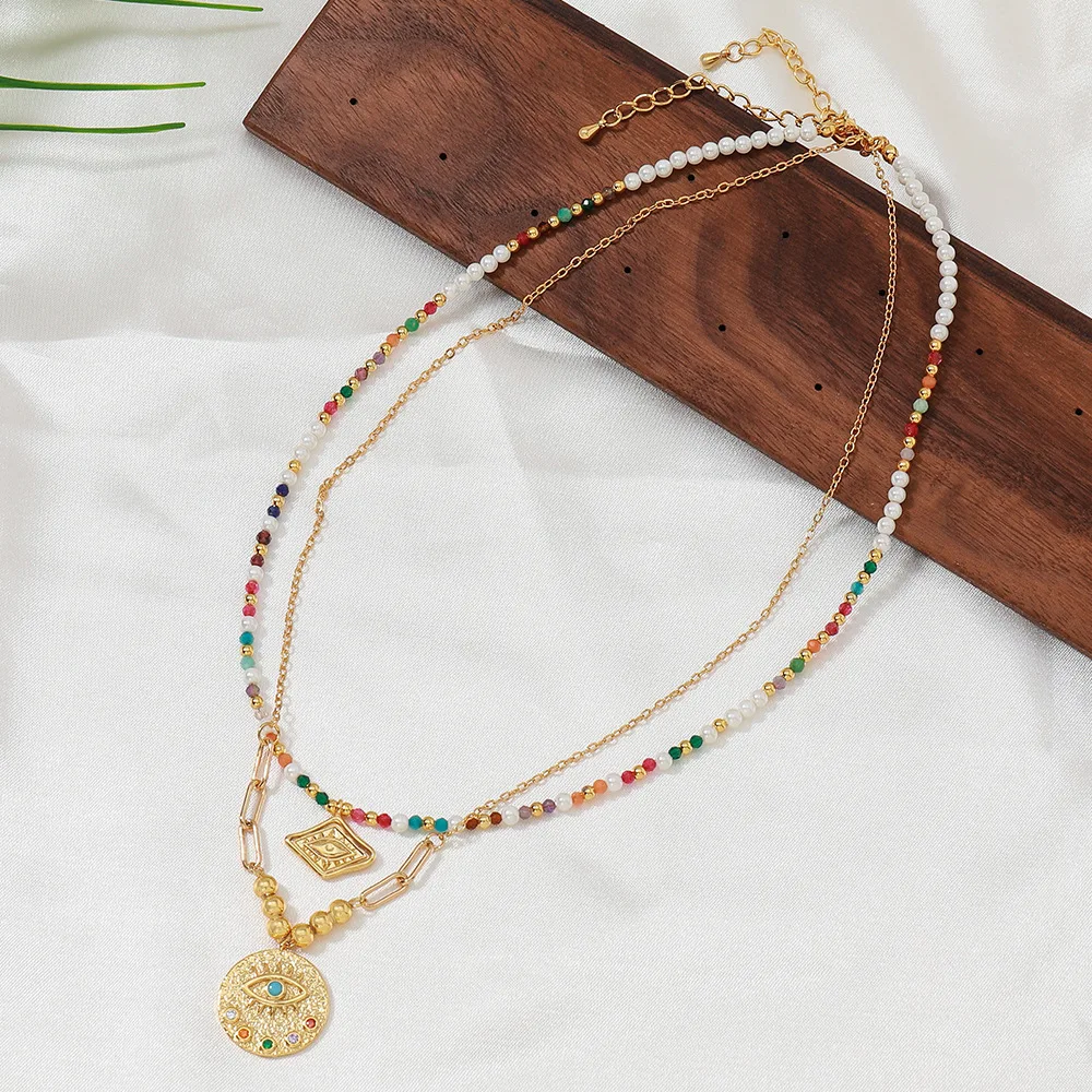 

Colored Glazed Handmade Bead Chain Fashion Multi Layered Copper Plated Devil's Eye Women's Necklace Daily Party Jewelry Gifts