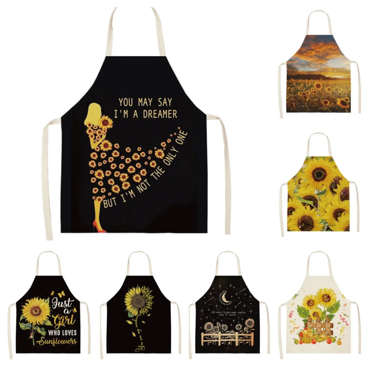 Creative sunflower pattern sleeveless apron for kitchen cooking oil-proof linen bib for adults and children printed apron