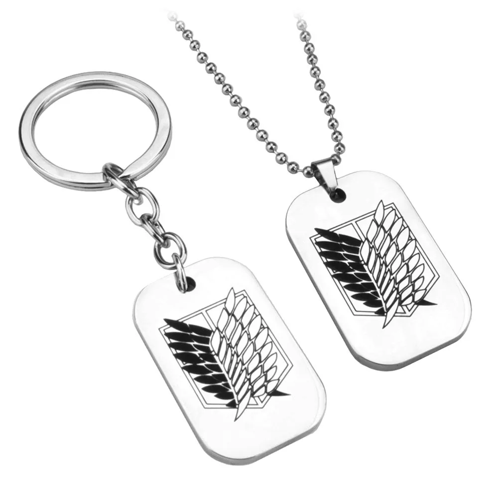 Attack on Titan Wing of Liberty Stainless Steel Pendant Keychain for Men Silver Color Chain Dog Tag Key Ring Fans Cos Jewelry