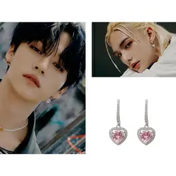 Pink Sweet Peach Heart Zirconia Ear Studs Kpop Idol Lee Know MinHo Hwang HyunJin Same Maxident Dangle Earrings Stray Accessories