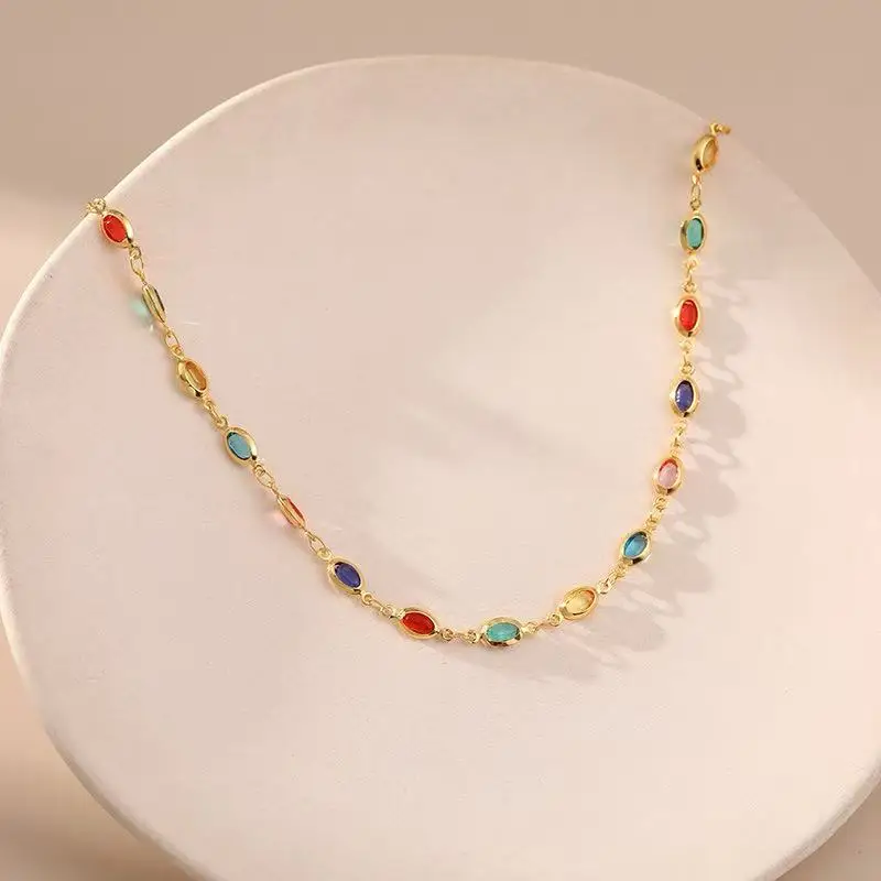 

Colored Glass Diamond Necklace Light Lxury Collarbone Chain Plated With 18K Real Gold Chain