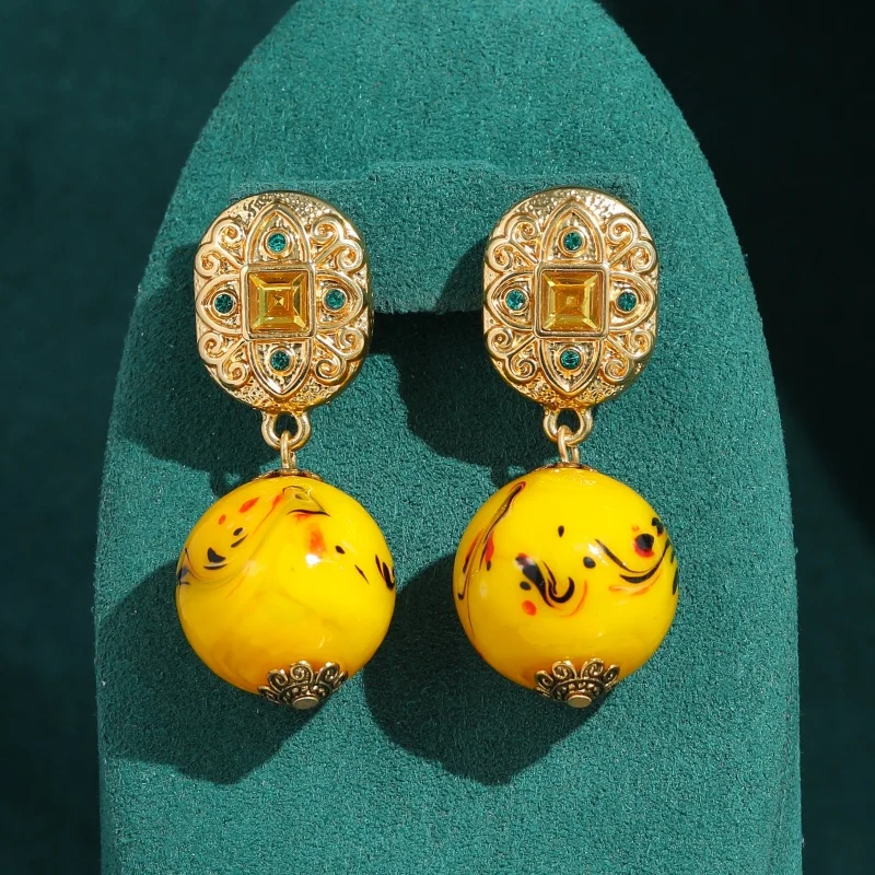 

Vintage Yellow Glass Ball Drop Earrings Luxury Antique Art Deco Gold Color Jewelry For Women Brand High Quality Gift 2026 New