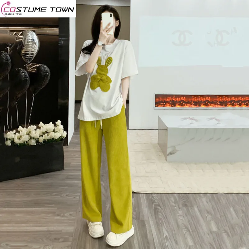 

Summer new loose and fashionable sweet printed short sleeved+loose wide leg pants two-piece set