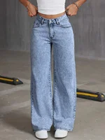 Women's Back Pocket Bow Embroidered Fashionable Wide Leg Pants Versatile Washed Denim Trousers 3
