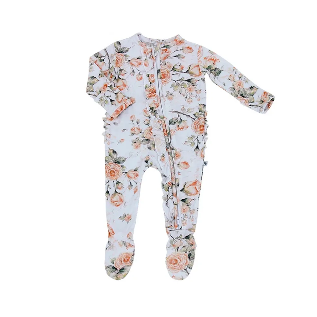 Rose Floral Pink Ruffle Romper Outfit Ruffle zipper outfit floral baby one piece baby pajamas