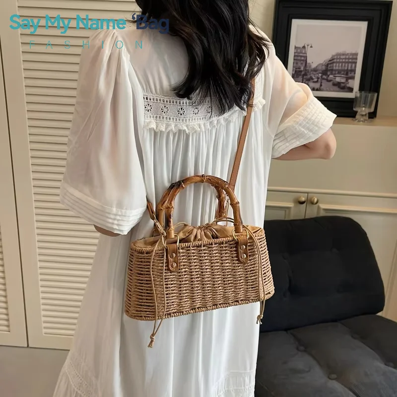 

Однотонные плетеные сумки через плечо из соломки с бамбуковой ручкой, изысканные и очень красивые женские сумки, летние пляжные женские сумочки