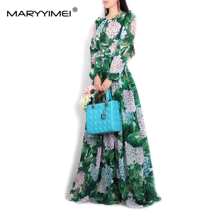 Imagem -04 - Maryyimei Designer de Moda Primavera Outono Vestido para Mulheres de Manga Comprida Folha Verde Flor Impressão Lace up Chiffon Maxi Vestidos Longos