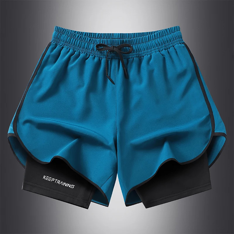 New Men\'s Double Running Fitness Beach Jogging Shorts Solid Color Ice Silk Quick Drying Casual Shorts Drawstring Shorts