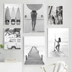 Black White Photography Print Surf Wall Art Canvas Painting Beach Posters Surfboard Coastal Decor for Living Room Wall Pictures