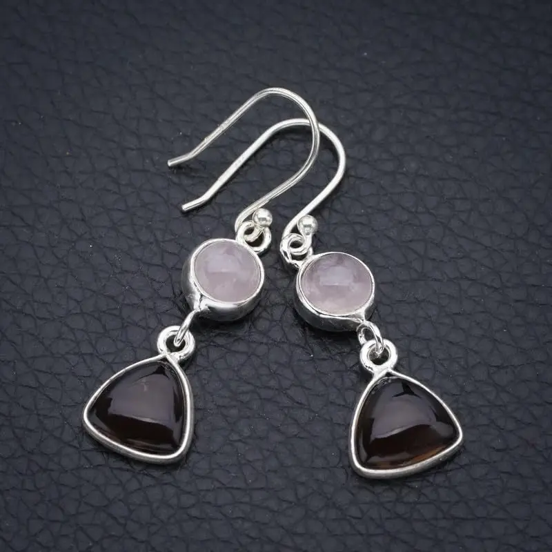 StarGems® Natural Smoky Quartz Rose QuartzHandmade 925 Sterling Silver Earrings 1.5